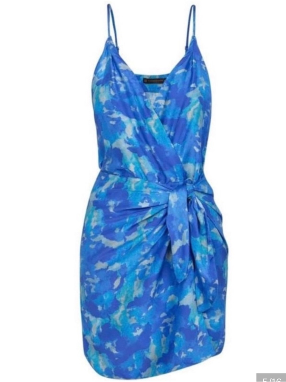Blue Watercolor Wrap Mini Dress with Side Tie